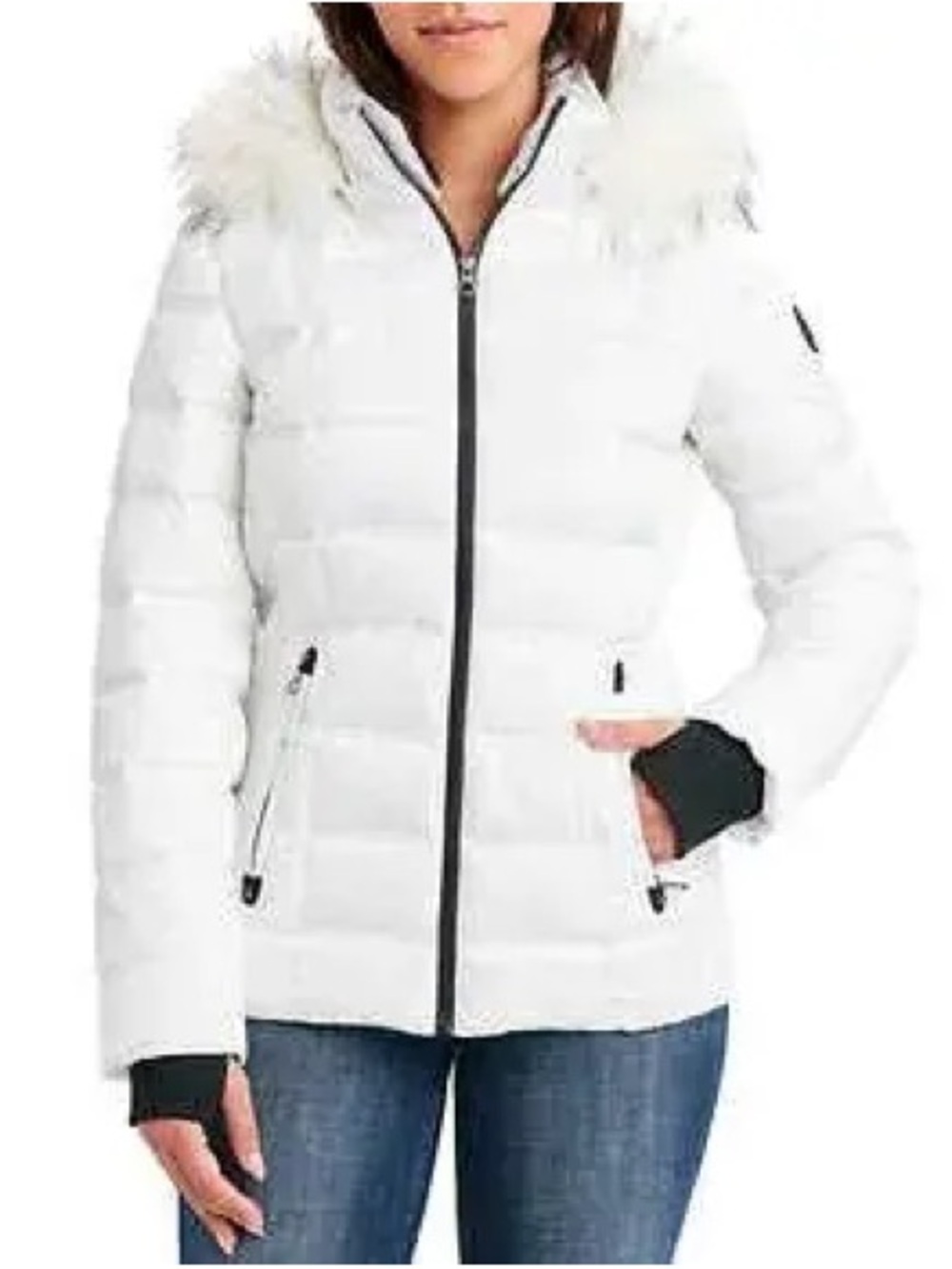 Nautica White Women's Puffer Jacket with Faux Fur Hood